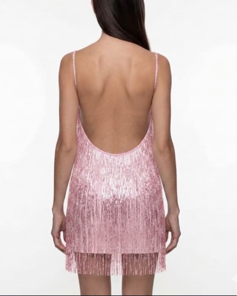 $900 Asta Resort style Pink beaded Fringe Mini Dress by Javier Osorio Ibiza S/XS - Image 5
