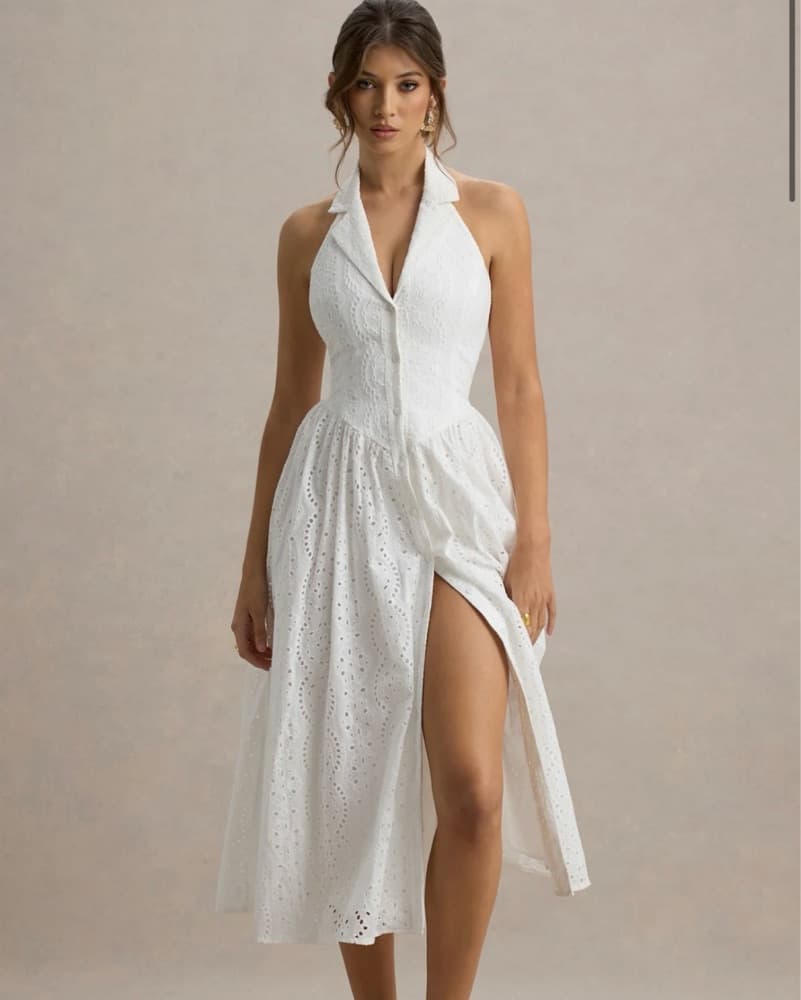 Club London White Lace Plunge-Neck Midi  - Image 1
