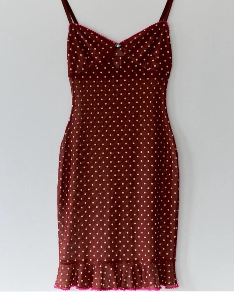 Rosette Polka Dot Mesh Ruffle Hem Dress - Image 1