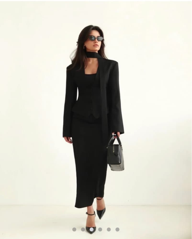 Black Cinched Blazer With Neck Scarf  - Image 3