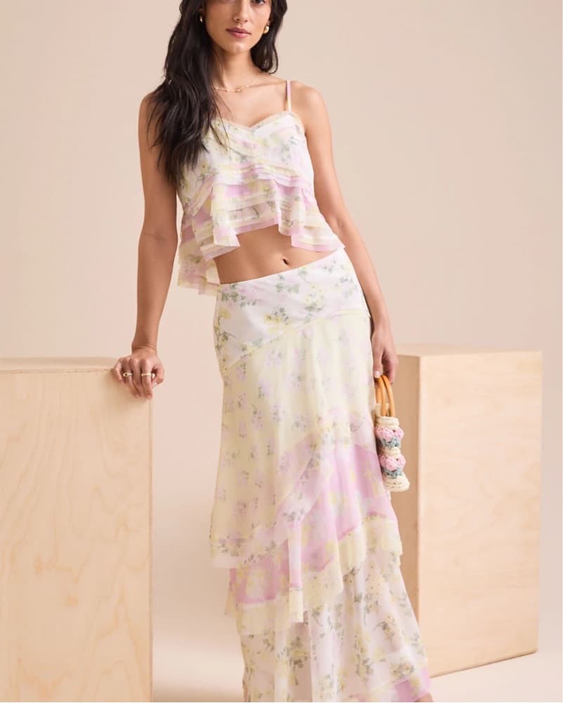 Flirty Floral Ruffled Crop Top and Midi Skirt Set - Image 1