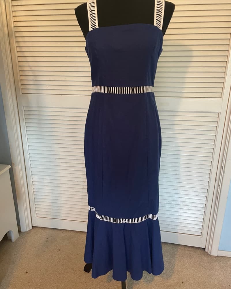 Navy Blue Midi Dress with Striped Trim - Image 1