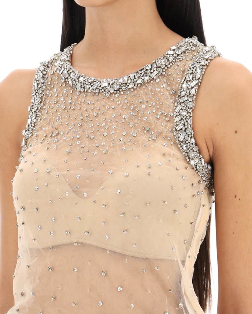 Des Phemmes Embellished Sheer Nude Top - Image 1