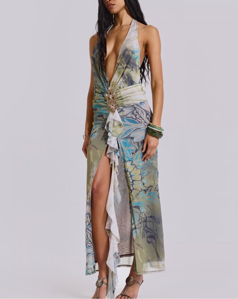 Cindy Plunge Maxi Dress In Green - Image 1