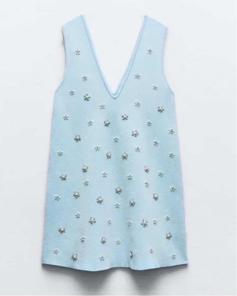 Blue Knit Embellished Mini Dress - Image 1
