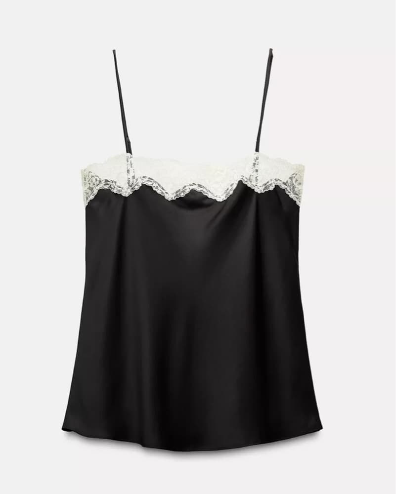 Zara Black Satin Lace Trim Top - Image 2