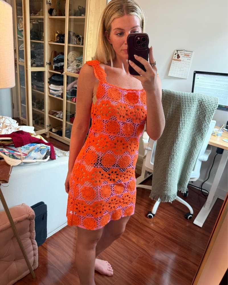 Mango Crochet Mini Dress Orange Pink  - Image 6