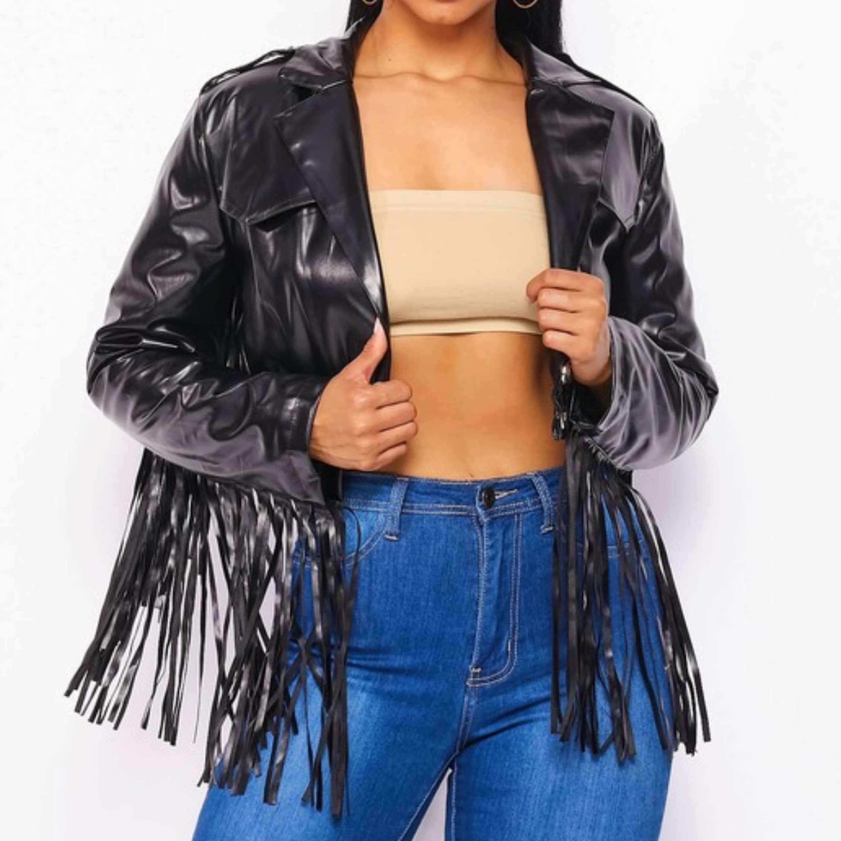 Cropped Faux Leather Fringe Jacket  - Image 4