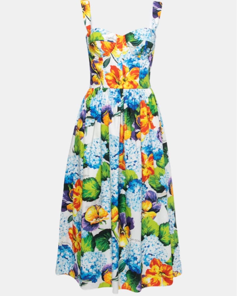 Dolce & Gabbana Bustier Hydrangea Floral Poplin Midi Fit & Flare Garden Corset Party Summer Dress - Image 2