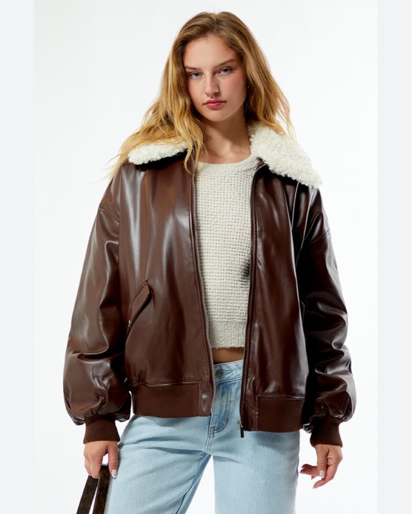 Brown Faux Leather Sherpa Collar Jacket  - Image 3