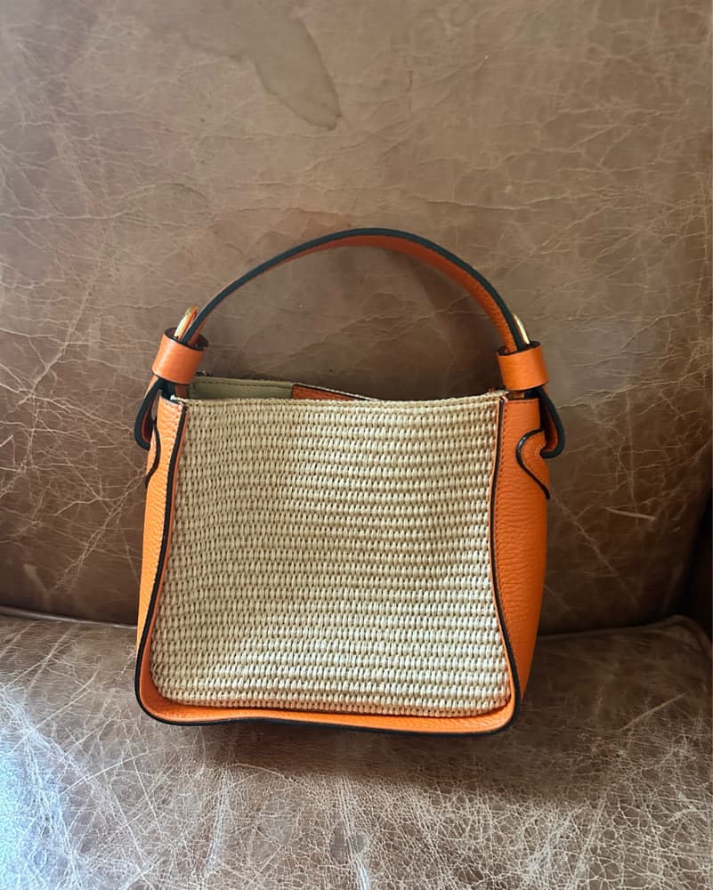 Italian Raffia Handbag - Orange Leather  - Image 5