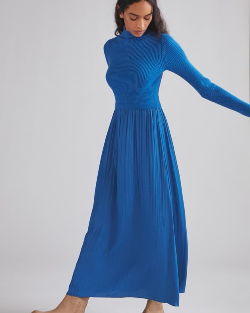 Vibrant Blue Pleated Maxi Sweater Dress - Image 1