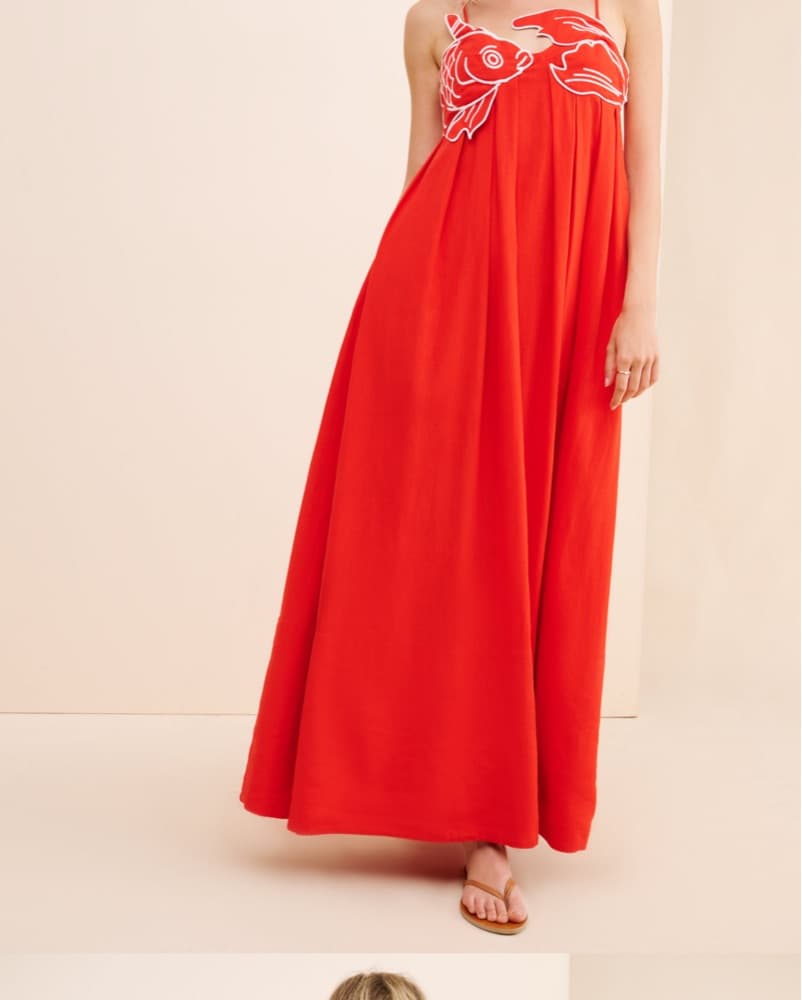 Red Koi Fish Top Linen Blend Maxi - Image 5