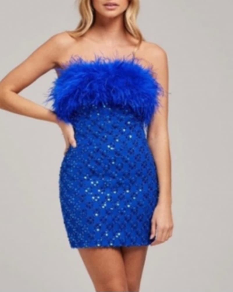 Glamorous Feathered Blue Sequin Dress - Image 1