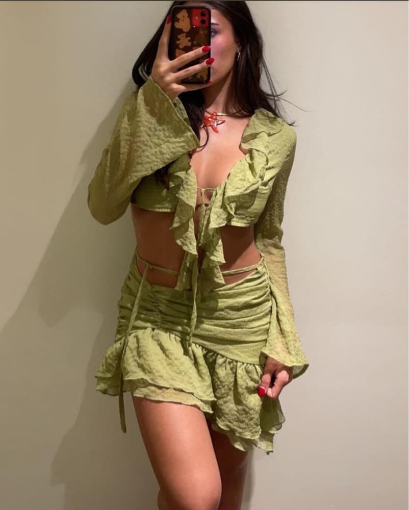 Green Ruffle Crop Top Skirt Set - Image 1