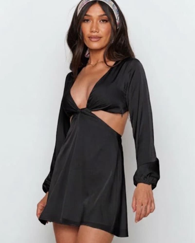Captivating Black Satin Mini Dress - Image 2