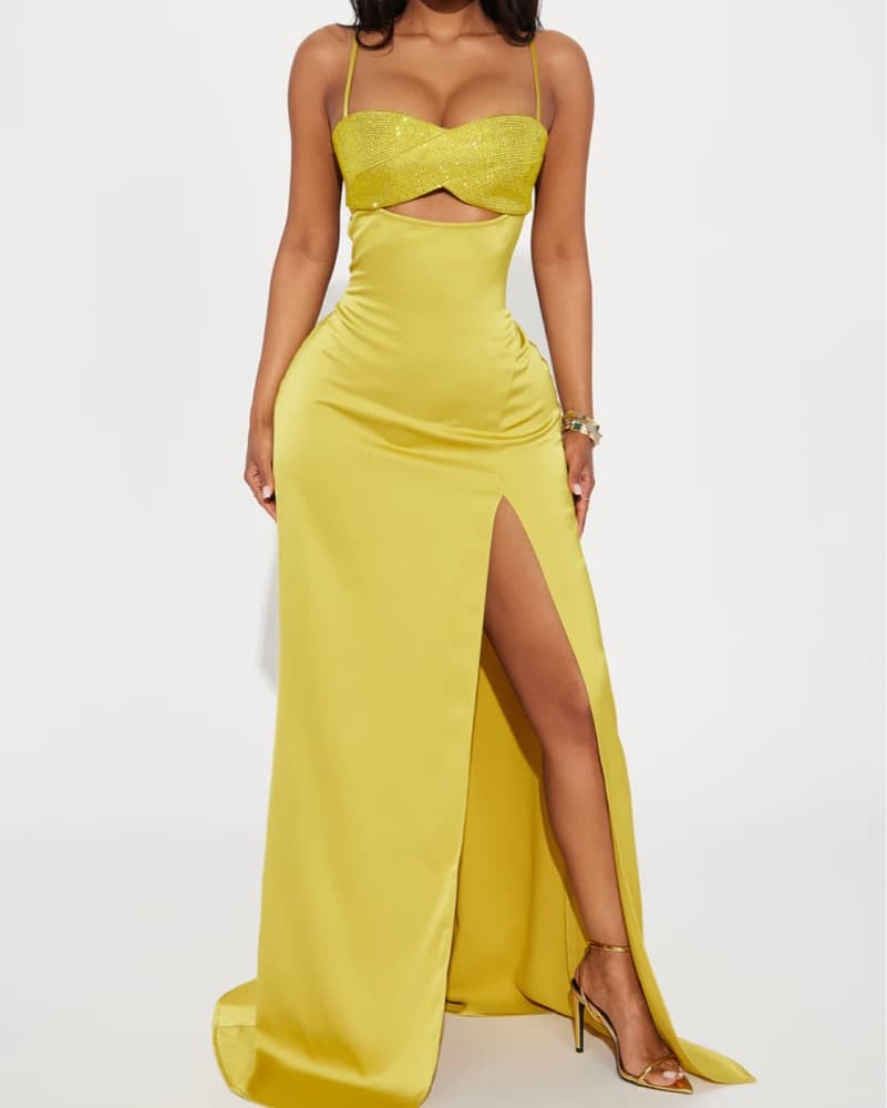 Sparkling Yellow Gown with Thigh High Slit - Image 1