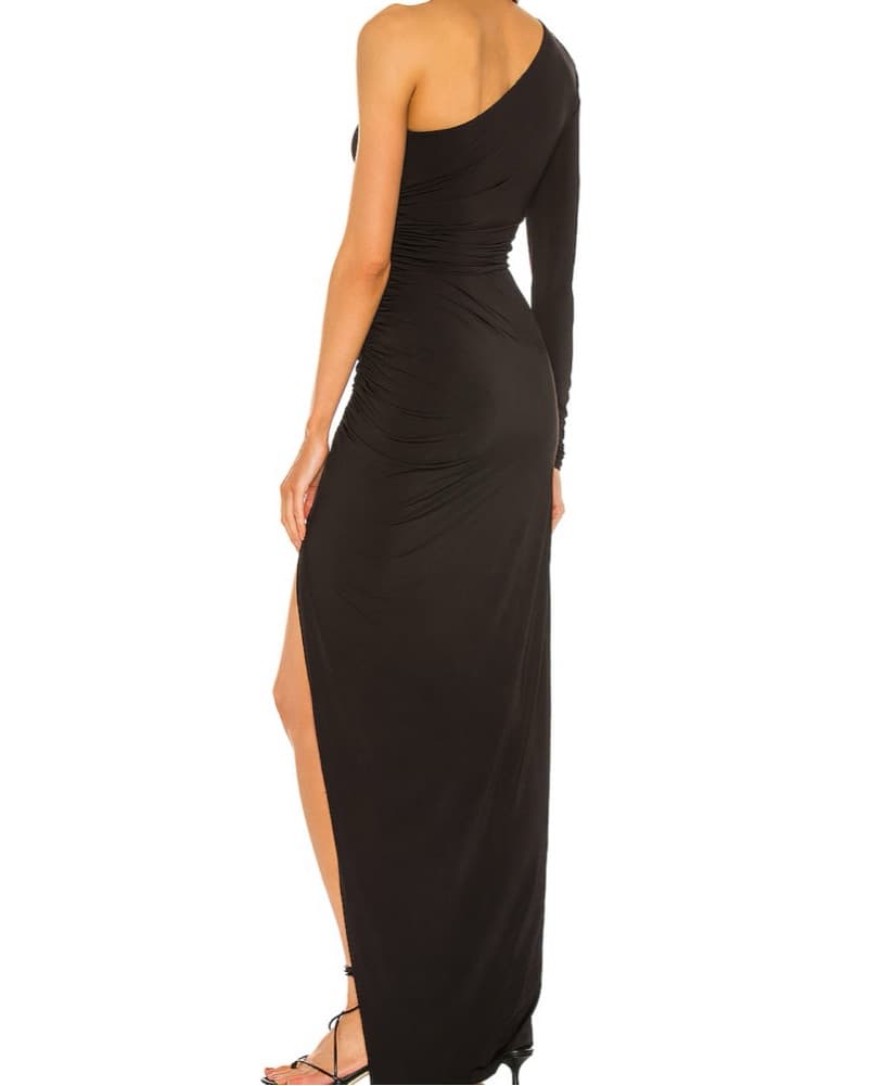 Stunning One-Shoulder Black Gown with Thigh-High Slit - Image 2