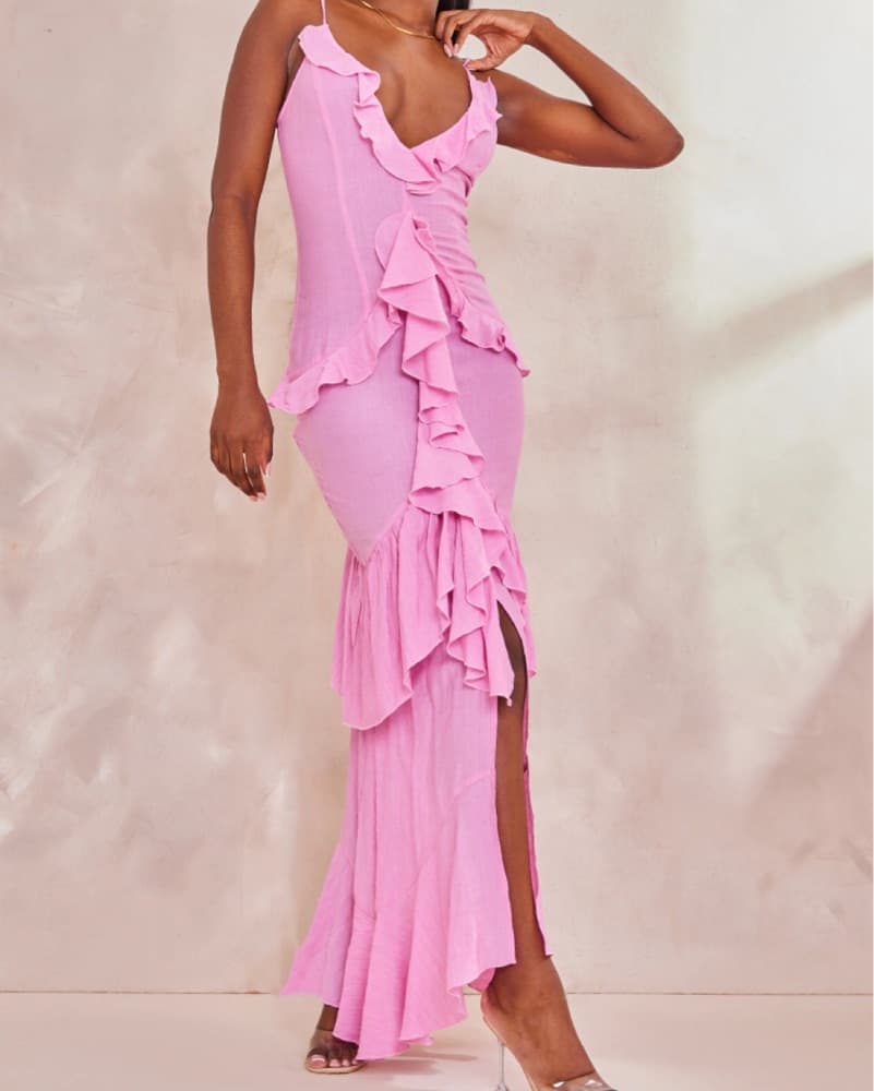 Pink Textured Frill Maxi dress - Image 1