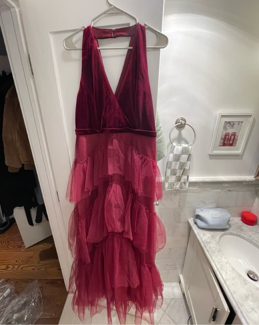BCBG Fuchsia Velvet Ruffle Gown - Image 3