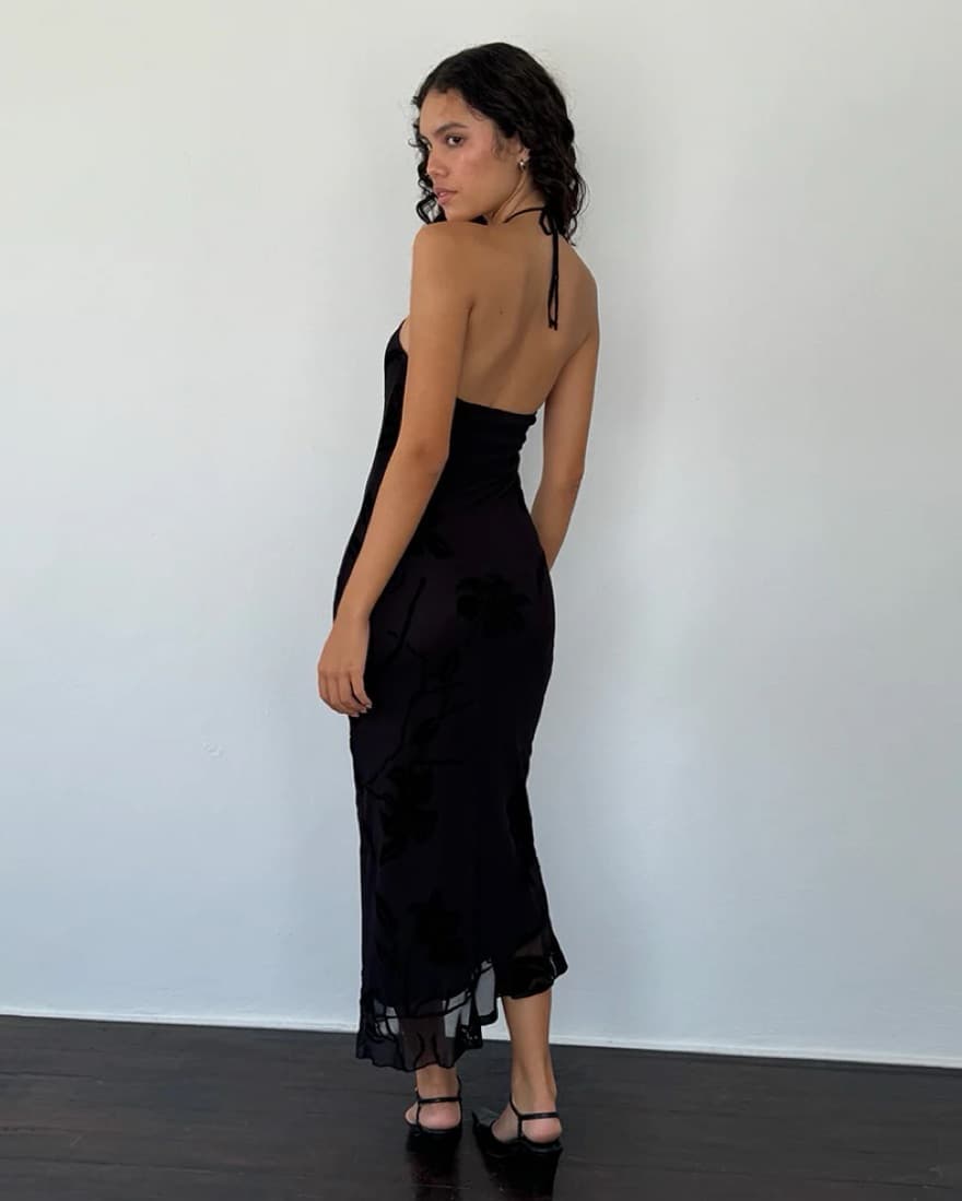 Elegant Black Floral Halter Maxi Dress - Image 3