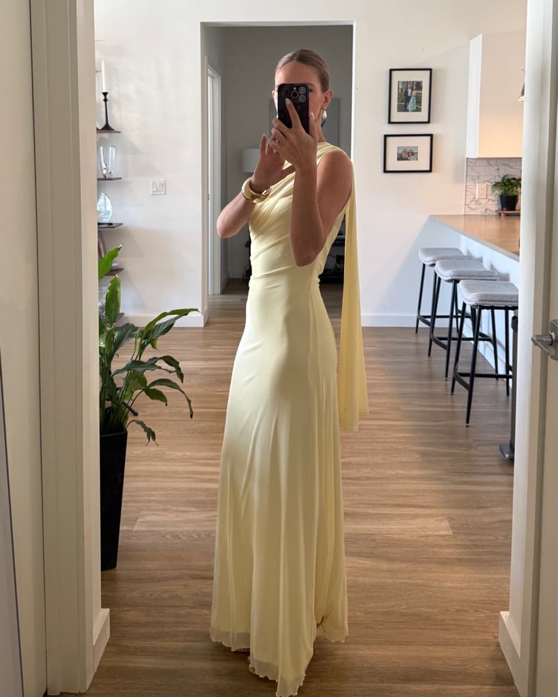 One-Shoulder Yellow Gown with Drape - Image 1