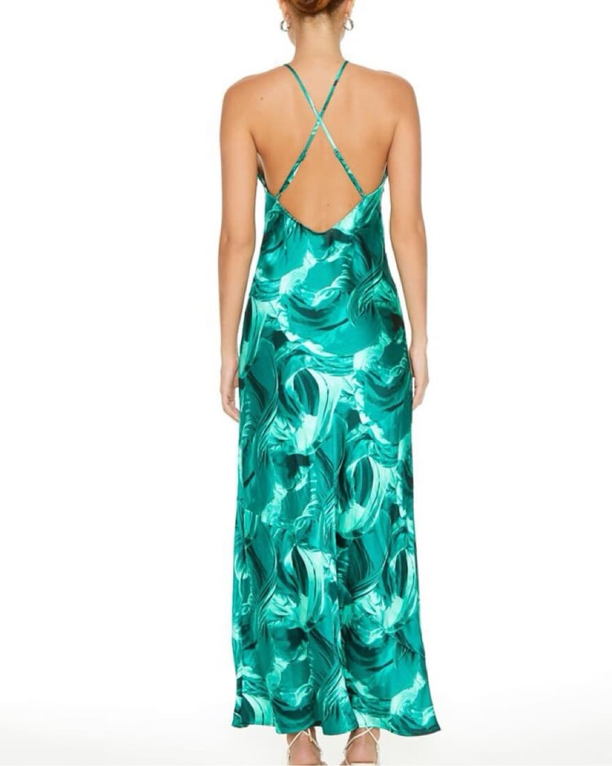 Satin Abstract Print Maxi Dress In Green - Image 6