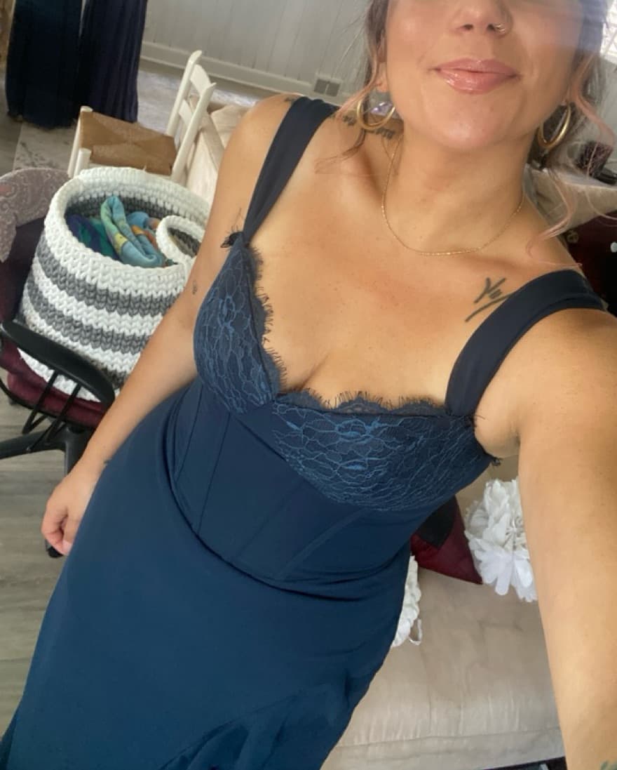 Azazie “Camellia” Lace Trim Navy Dress - Image 2