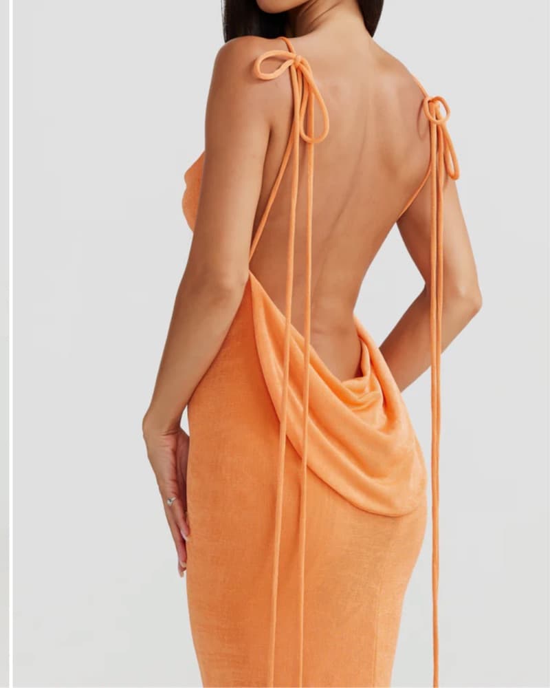 Mèlani Orange Draped Backless Maxi Dress - Image 3