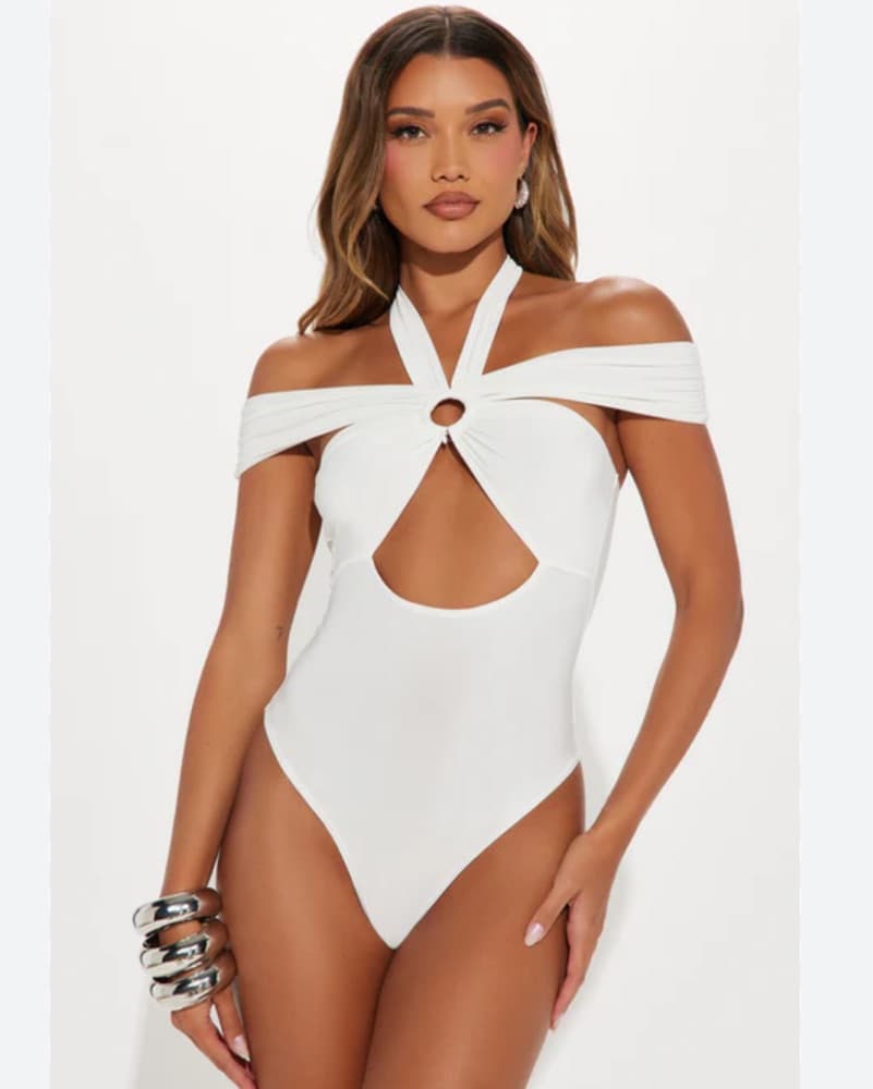 White Off-Shoulder Cutout Bodysuit - Image 1