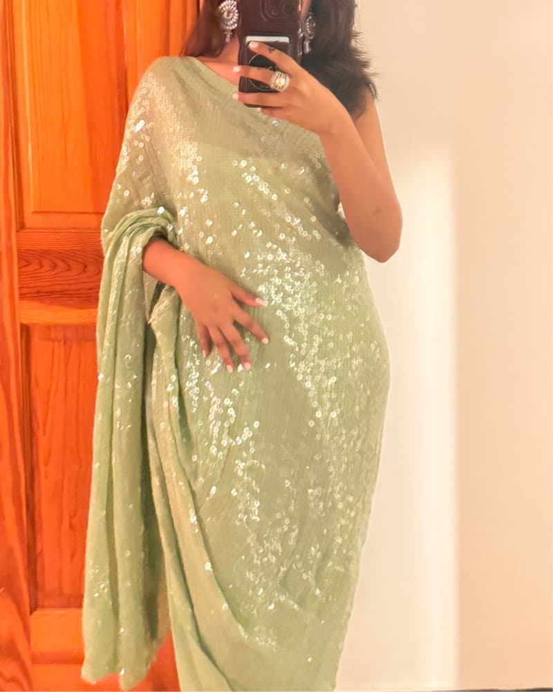 Mint Green Sequin Saree! - Image 2
