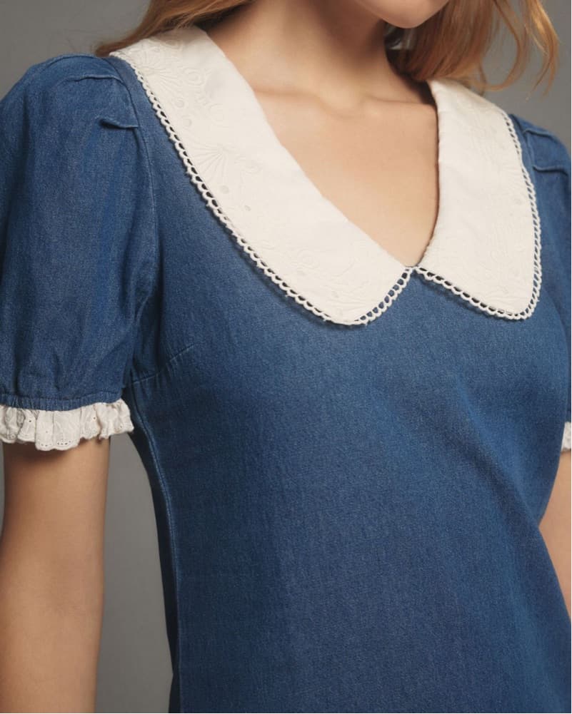 Denim Midi Dress with Lace Collar - Image 3