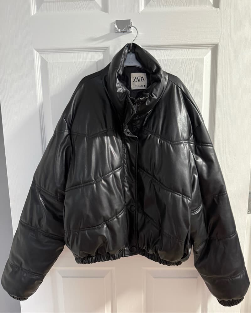 Black Hip Length Leather Puffer Coat - Image 1