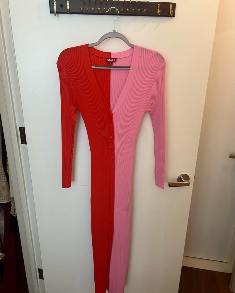 STAUD Bold Color-Blocked Cardigan Dress - Image 1