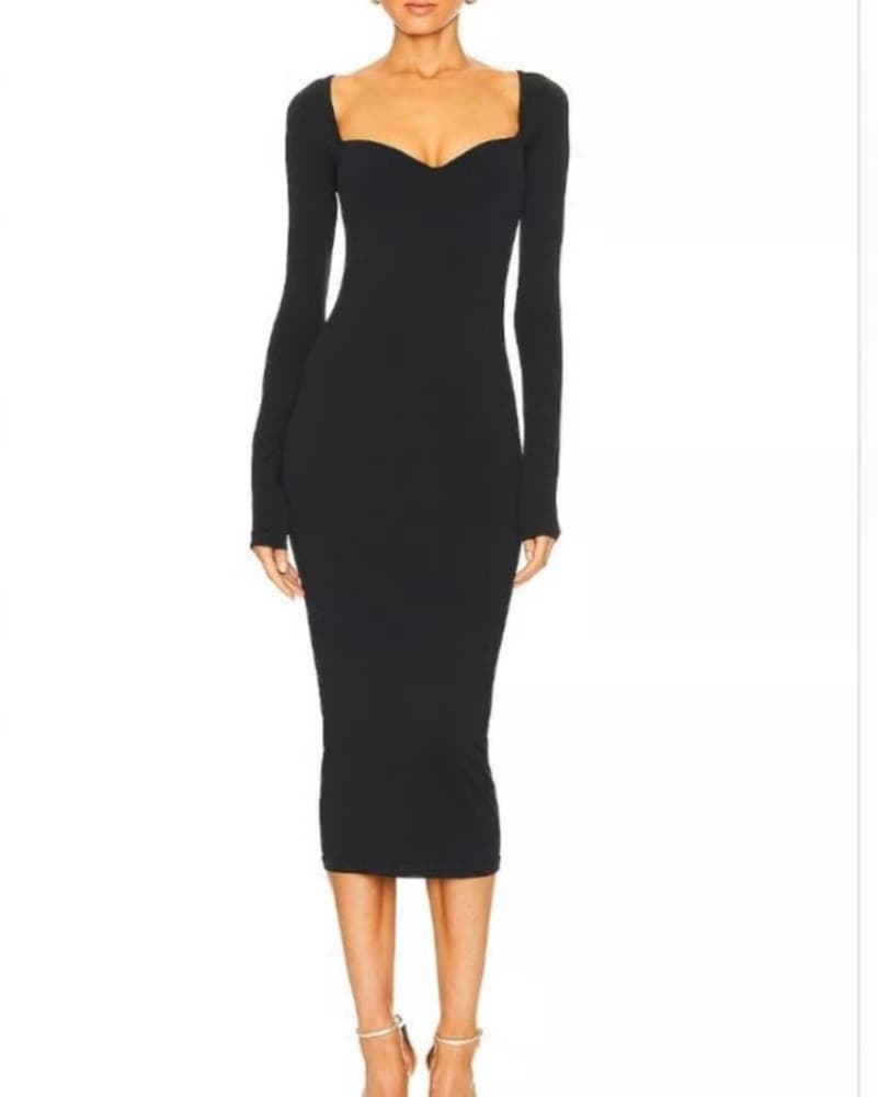 Black Stretch Long Sleeve Midi Dress - Image 1
