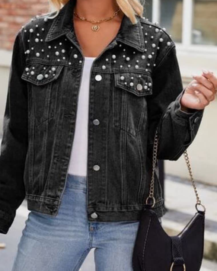 Black Jean Jacket With Chanel And Pearl - Image 1