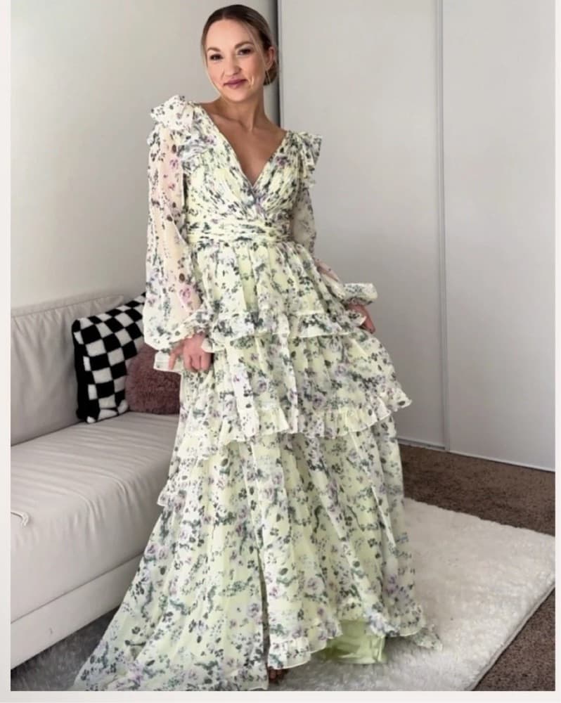 Formal Tiered Floral Chiffon Sleeved Dre - Image 2