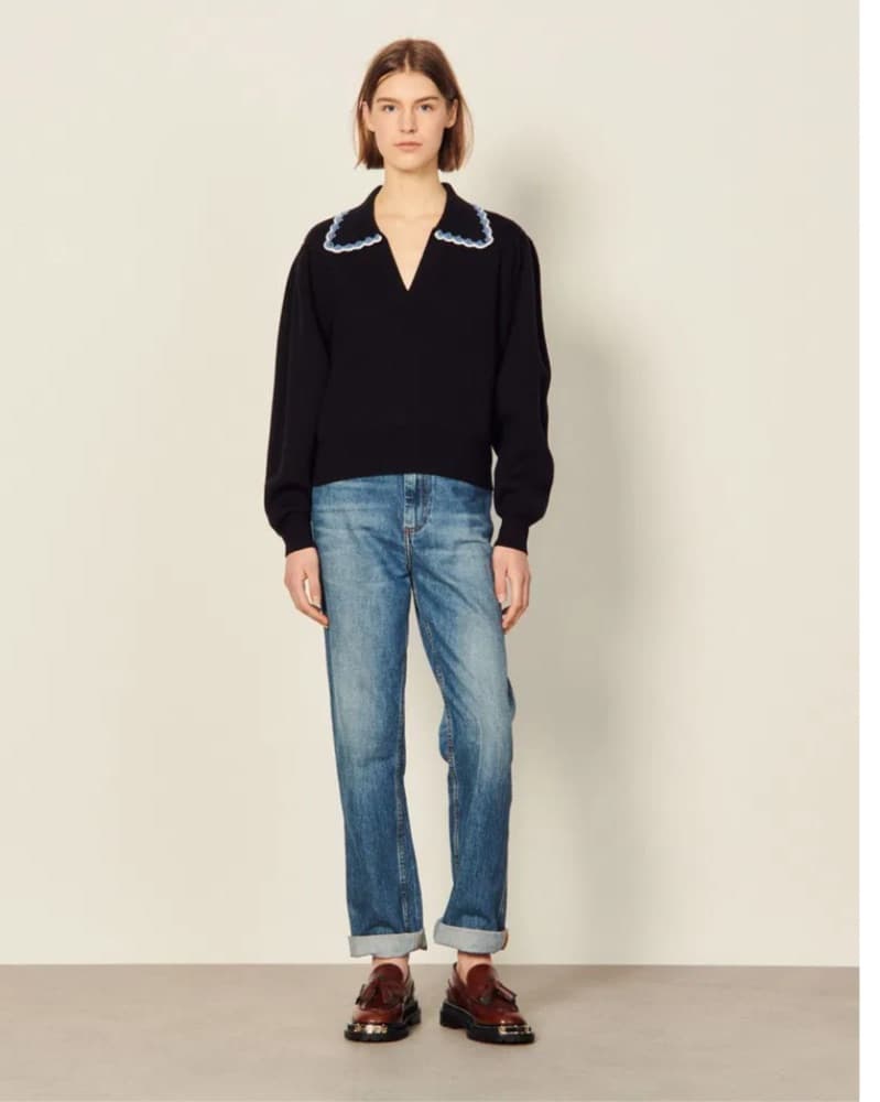 Sandro navy Vneck Crochet Collar sweater - Image 5