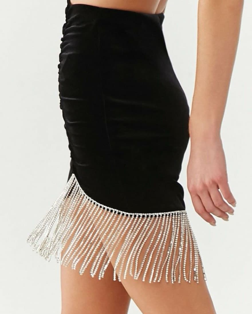 Black Velvet Skirt With Sequin Fringes - Image 2