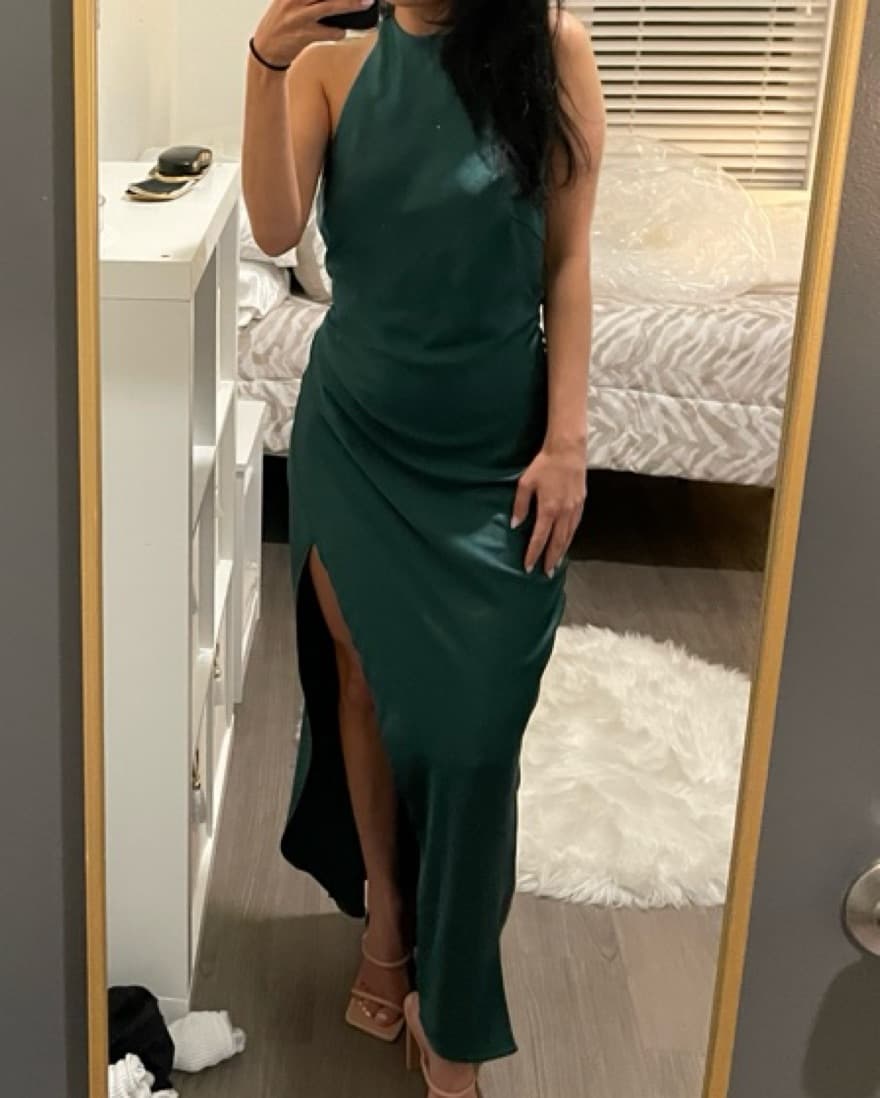 Satin Midi Dress - Forest Green  - Image 2