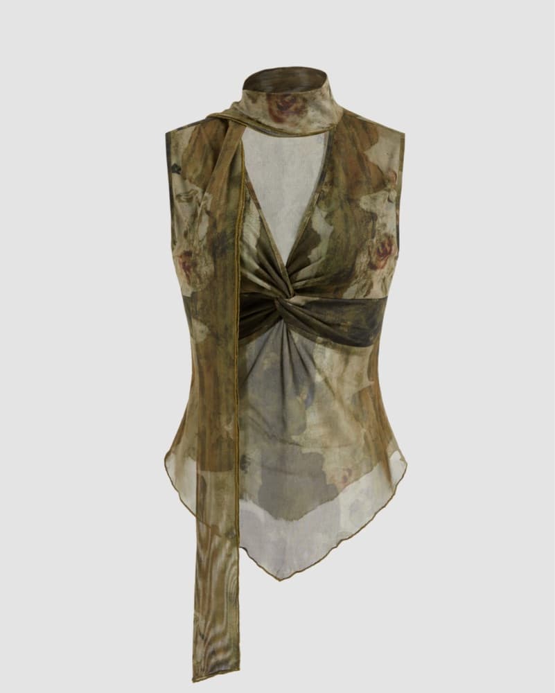 Olive Green Mesh Floral Twist Tank Top - Image 5