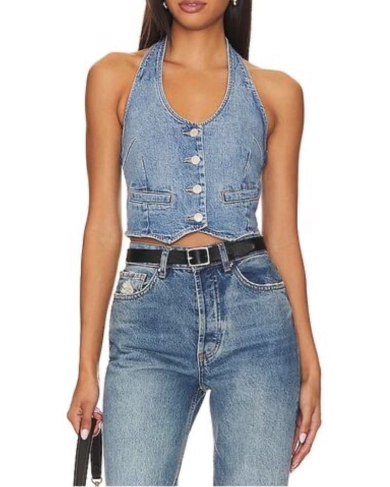 Chic Denim Halter Crop Top Outfit - Image 1