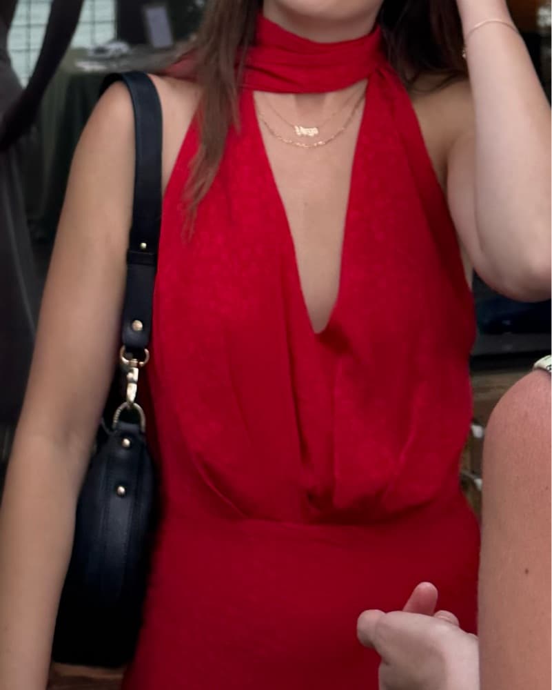 Red Midi Dress With Neck Scarf - Image 1