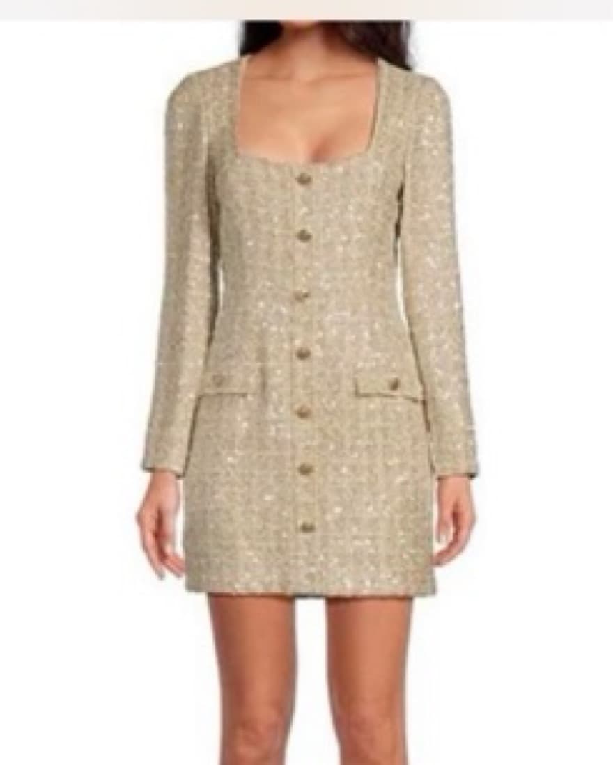 Long Sleeve Gold Tweed Mini Dress - Image 2