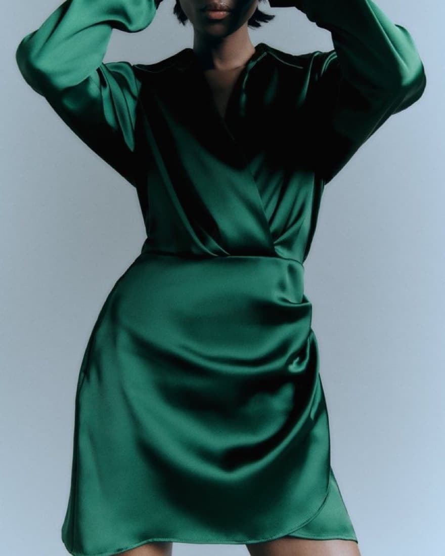 Emerald Green Satin Longsleeve Dress - Image 3