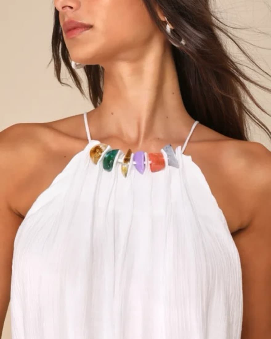 White Embellished Gem Halter Dress - Image 2