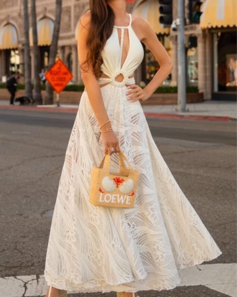 Patbo Pearl Beaded white crochet lace Maxi Dress S/XS - Image 4