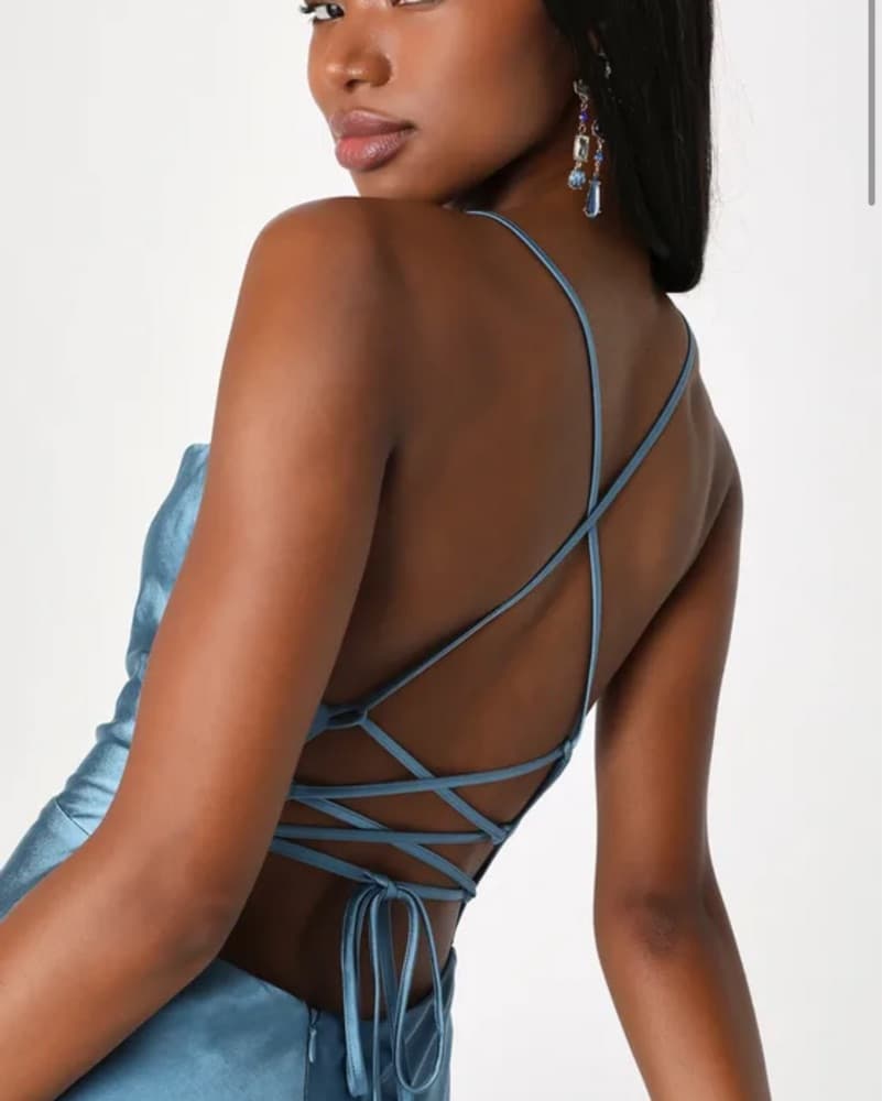 Blue Maxi Backless Satin Dress - Image 2