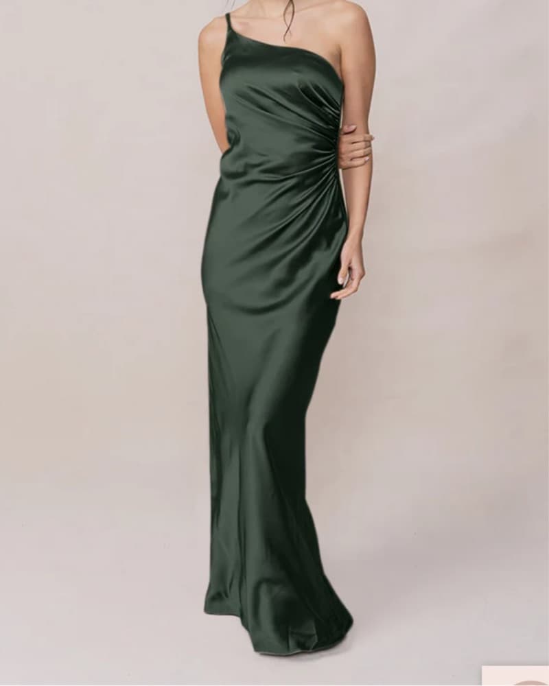 Elegant One-Shoulder Deep Olive Gown - Image 5
