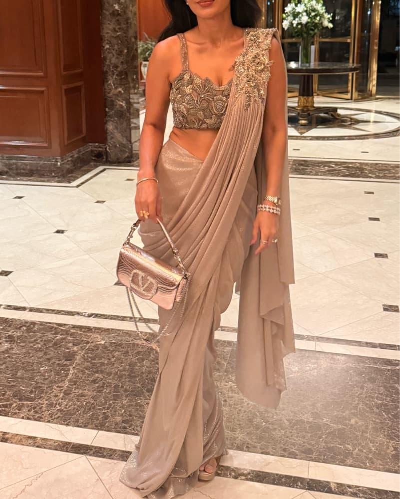 Pre Draped Saree champagne Rose Gold  - Image 4